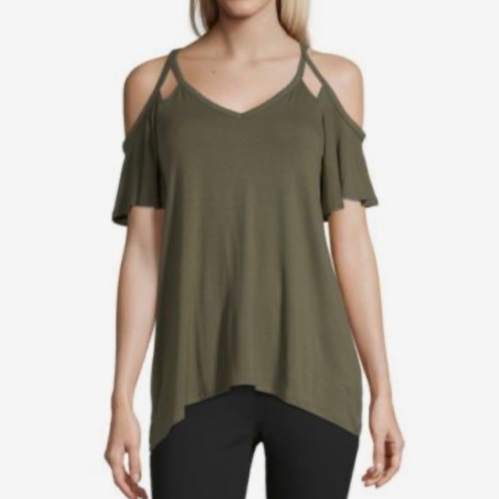 Olive green cutout off shoulder short sleeve top size large